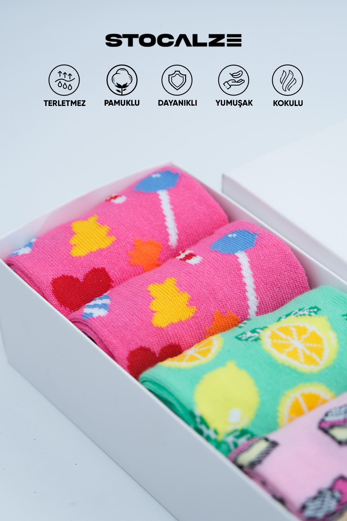 Stocalze Unisex Limon, Şeker ve Cheesecake Desenli 5'li Kutulu Çorap Seti